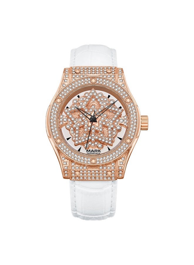 Mark Fairwhale Ladies Watch - Turning Fortune Series, Gold-Tone Case, White Genuine Leather Strap, Quartz Movement, Water Resistant - Image 1